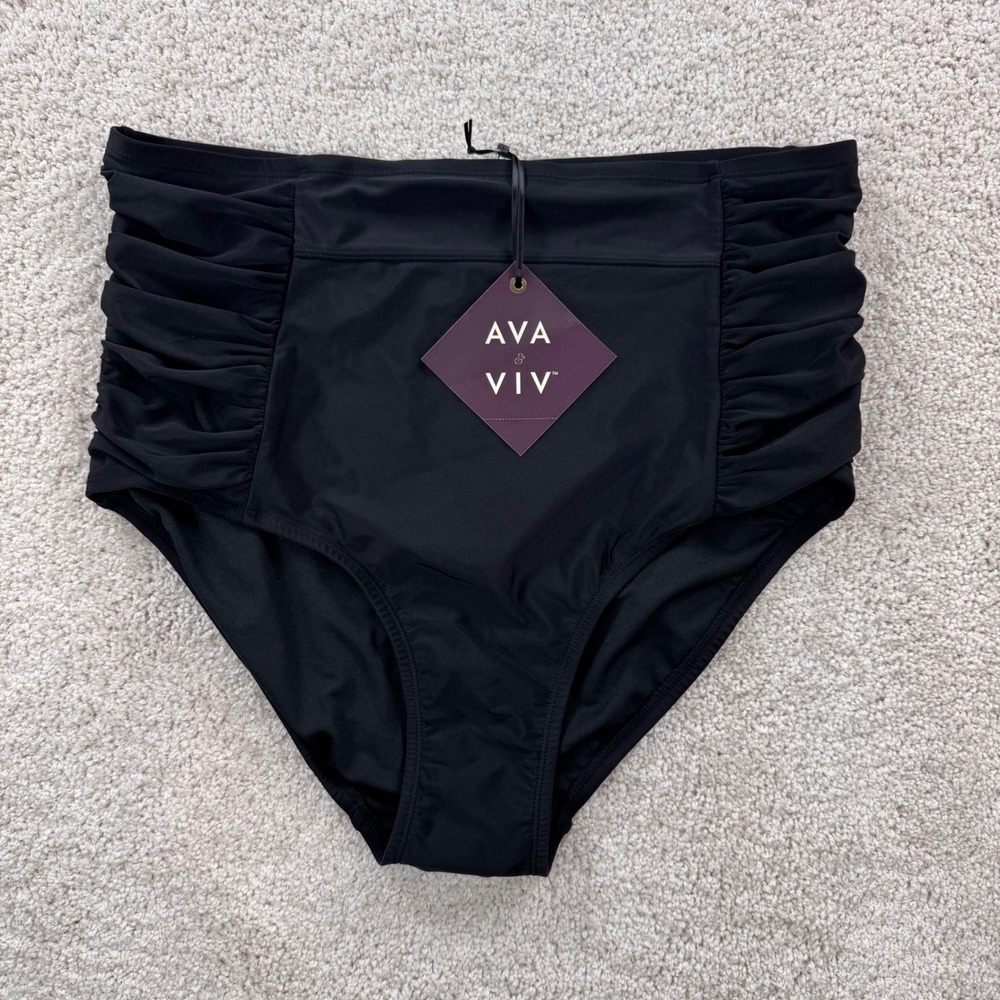 Ava & Viv Womens Black High Waist Ruched Swim‎ Bottoms 14W NWT 238 21 1597